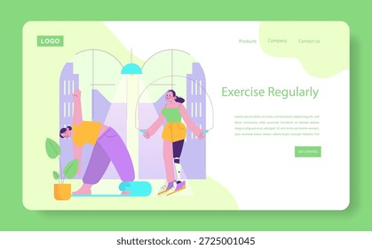 Ilustración vectorial que representa a dos personas haciendo ejercicio en interiores. Uno se estira en una estera de yoga mientras que el otro salta la cuerda, promoviendo una vida saludable y un buen estado físico. Diseño moderno y vibrante.