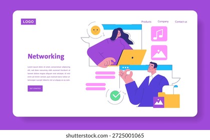 Ilustração vetorial representando duas pessoas envolvidas em redes on-line. Eles estão interagindo através de dispositivos digitais, cercados por ícones que simbolizam comunicação, música e imagens.