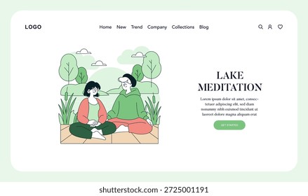Ilustração vetorial representando duas pessoas meditando em um lago sereno, cercado por árvores e pela natureza. Ambos os indivíduos parecem pacíficos e relaxados, melhorando a cena calmante.