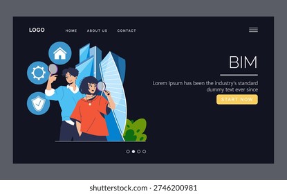 Vector illustration depicting two people studying building design concepts, with icons symbolizing home, technology, and security. Modern architectural elements dominate the background.