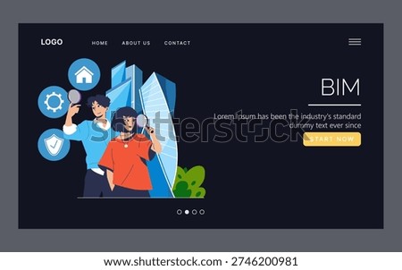 Vector illustration depicting two people studying building design concepts, with icons symbolizing home, technology, and security. Modern architectural elements dominate the background.