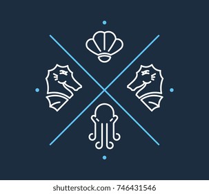 Vector illustration depicting two seahorses a shell and an octopus