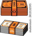 A vector illustration depicting two stacks of one hundred dollar bills, presented as a distinctive silhouette against a white background.