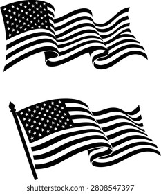 A vector illustration depicting two waving American flags, one on a pole, presented as a distinctive black silhouette against a white background.