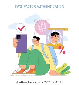 Ilustración vectorial que representa la autenticación de dos factores. Una persona utiliza un teléfono inteligente para un Inicio de sesión seguro, destacando las huellas dactilares y el reconocimiento facial como medidas de seguridad esenciales.