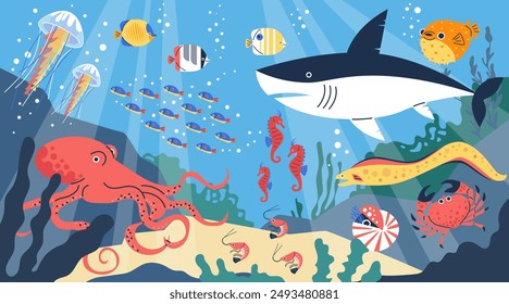 Vector illustration depicting the underwater world with fish, algae and corals. Sharks, octopuses, jellyfish, and puffer fish swim in the depths of the sea. Flat cartoon vector illustration.