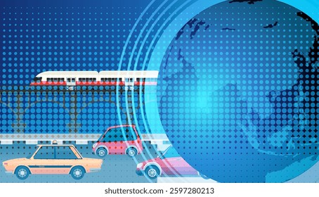 Vector illustration depicting urban transportation with cars and a train, set against a digital globe background, highlighting connectivity