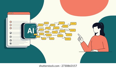 A vector illustration depicting a user or operator interacting with an artificial intelligence engine, which is rapidly generating numerous conversational speech bubbles from a centralized AI prompt box, showcasing machine dialogue.