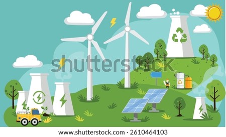 Vector illustration depicting a variety of renewable energy sources in a scenic landscape. Features wind turbines, solar panels, and a thermal or nuclear power plant with green accents, 