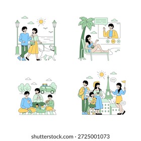 Ilustración vectorial que representa varias actividades. Video Una pareja pasea a un perro, una mujer se relaja durante una llamada, una familia disfruta de un picnic y los turistas Explore una ciudad con un guía.