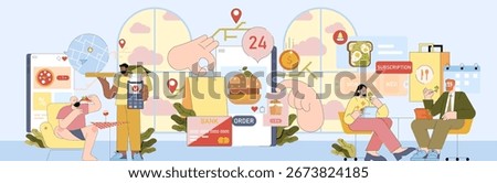 Vector illustration depicting various aspects of an online food ordering app. Includes elements like digital menus, payment options, and navigation. People interacting with app features.