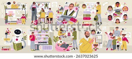 Vector illustration depicting various classroom activities involving technology, science, and creativity. Students and teachers engaged in interactive learning and diverse education settings.