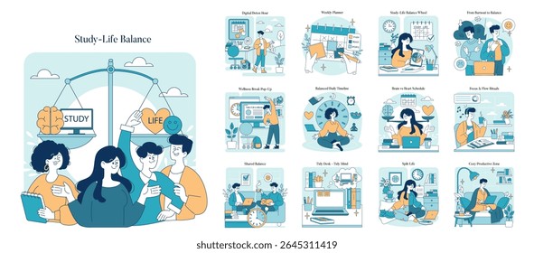 Ilustração vetorial representando vários conceitos de equilíbrio entre a vida de estudo e a vida. Personagens que demonstram atividades como planejamento, relaxamento e organização para um estilo de vida equilibrado através do visual