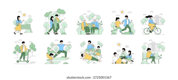 Ilustração vetorial representando várias atividades diárias. As cenas incluem caminhar, andar de bicicleta, ler em um banco, exercitar-se e relaxar em um parque. Ações enfatizam o lazer ao ar livre e a interação social