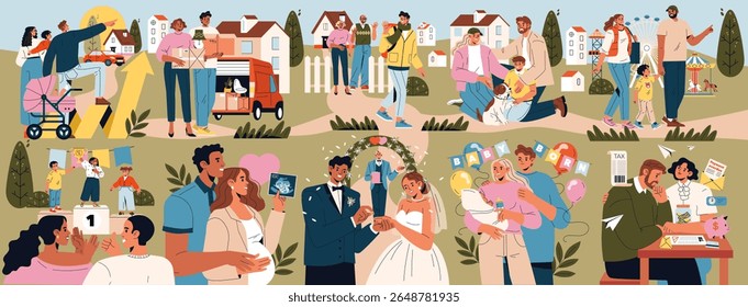 Vector illustration depicting various life milestones and celebrations, including family moments, moving into a new home, marriage, and welcoming a newborn. Emphasizes joyful and heartwarming