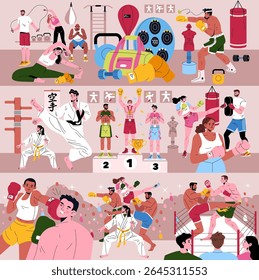 Vector illustration depicting various martial arts and fitness activities. Scenes include boxing, karate, training sessions, podium celebrations, and intense boxing sparring moments.