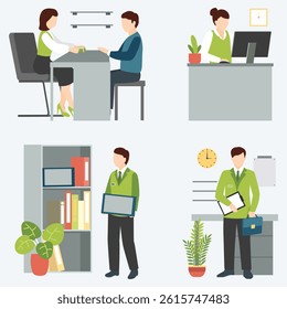 A vector illustration depicting various scenes of bank employees assisting customers and working in an office environment, showcasing daily operations.