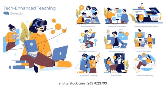 Vector illustration depicting various tech-enhanced teaching methods. Includes virtual reality, gamification, and AI education, showcasing diverse digital learning environments and tools.