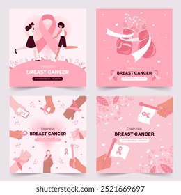 Ilustração vetorial representando vários temas da celebração da conscientização do câncer de mama, apresentando fitas cor-de-rosa, diversos indivíduos, mãos e símbolos de apoio.