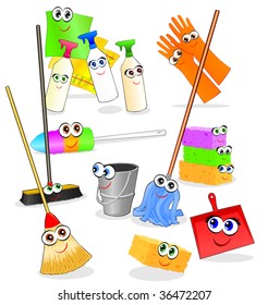 Vector illustration depicting various tools and accessories for cleaning, with happy smiling faces