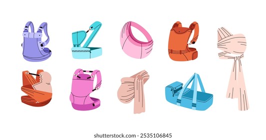 Vector illustration depicting various types of ergonomic baby carrier on a white background. A set of icons, ideal for decorating a guide for young parents