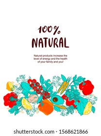 Vector illustration depicting: vegetables, spices, herbs, dishes, healthy food symbols, can be used as a restaurant advertisement or vegetables, fish. Printing on textiles, packaging.