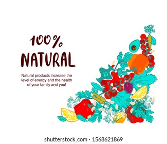 Vector illustration depicting: vegetables, spices, herbs, dishes, healthy food symbols, can be used as a restaurant advertisement or vegetables, fish. Printing on textiles, packaging.