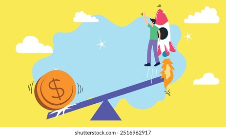 Vector illustration depicting venture capital as private equity, with investors financing a startup company’s growth through crowdfunding and money raising. The design features people involved in the 
