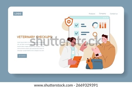 Vector illustration depicting a veterinary checkup consultation with a patient and veterinarian discussing health stats. Visual elements include charts and medical symbols.
