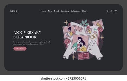 Ilustración vectorial que representa un diseño de álbum de recortes de aniversario vibrante con las manos sosteniendo Fotos, flores y anillos en una interfaz de Sitio web. Ideal para temas románticos y nostálgicos.