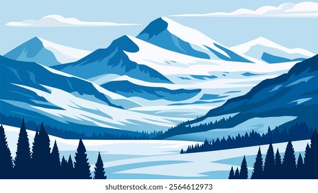 a vector illustration depicting a view of a mountain range in winter