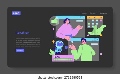 Ilustración vectorial que representa la colaboración en equipo virtual a través de Elementos interactivos en una interfaz de usuario. Personas y un personaje robot participan en una sesión de planificación conceptual.