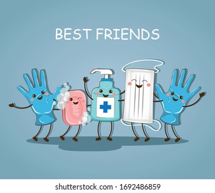 vector illustration depicting virus protection.caronavirus.vector. best friends medical mask, soap, antiseptic, medical gloves