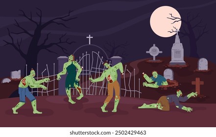 Vector illustration depicting the walking dead in green against the background of a cemetery. Zombie apocalypse. Creepy characters with rotting bodies. Ideal for Halloween. Flat cartoon style.