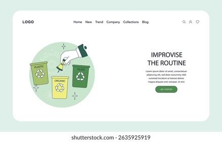 Vector illustration depicting waste segregation with a hand holding a bottle over recycling bins labeled plastic, organic, and glass. Encourages routine improvisation in recycling habits.