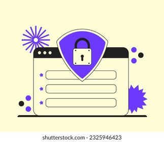 Vector illustration depicting a website registration window. Fields for entering personal data. Above the window is a shield with a pad, symbolizing security and data protection.