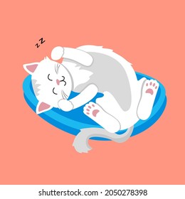 Vector illustration depicting a white cat. Domestic pet, kitten sleeps on a pillow. The cat lies on a blue couch. Cute kitty on orange background in flat style