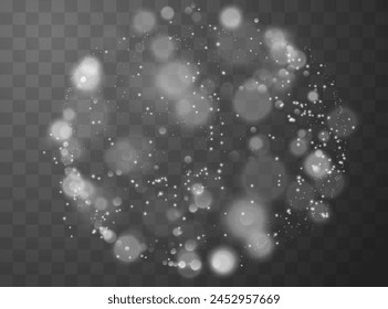 Vector illustration depicting white highlights and small bright particles located in a circle. Christmas background made of shining dust and particles. Abstract round background with bokeh effect.