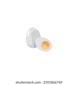 Vector illustration depicting a whole and half boiled chicken egg. This important ingredient is often used in Asian dishes, depicted in a flat cartoon style on an isolated background.