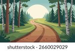 A vector illustration depicting a winding dirt road cutting through a dense, untouched forest. The road curves gently, leading towards a distant sunlit clearing with a solitary oak tree. 
