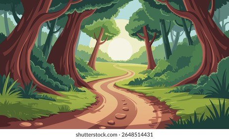 A vector illustration depicting a winding dirt road cutting through a dense, ancient forest. The road, made of packed earth and small stones, curves gently towards a distant sunlit clearing