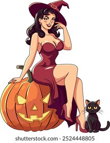 A vector illustration depicting a witch sitting on a pumpkin with a black cat nearby.