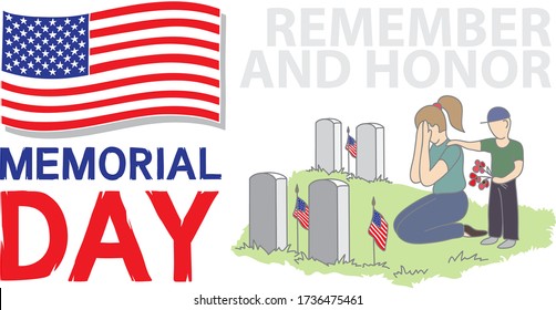 Vector illustration depicting a woman and a child near the monument to fallen soldiers. Memorial Day.