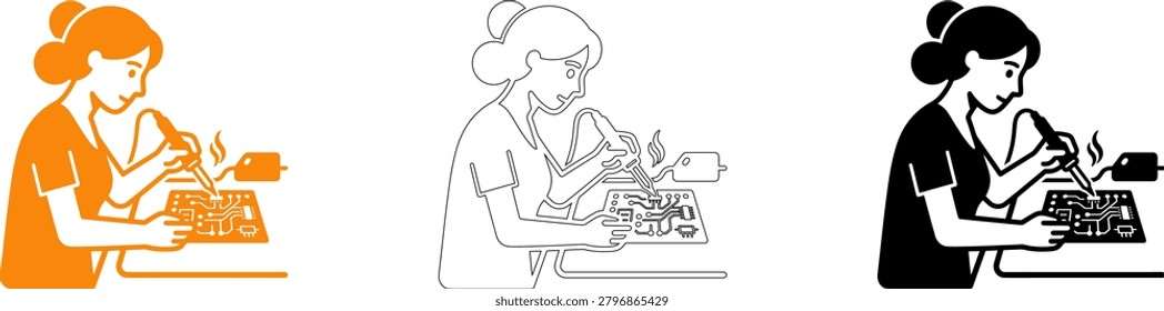 A vector illustration depicting a woman engineer meticulously soldering components onto a printed circuit board, presented in orange, black, and line art versions for versatile design applications.