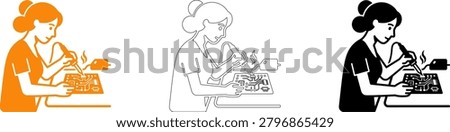 A vector illustration depicting a woman engineer meticulously soldering components onto a printed circuit board, presented in orange, black, and line art versions for versatile design applications.