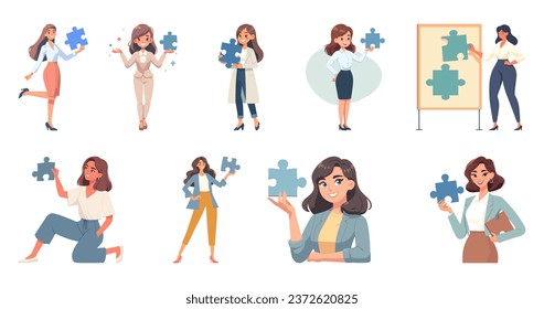 Vector illustration depicting a woman holding a puzzle piece. Flat graphic vector illustrations isolated on white background.