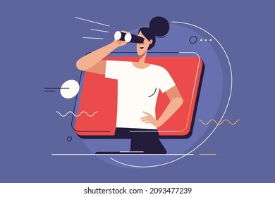Vector illustration depicting a woman looking through binoculars. Editable stroke.