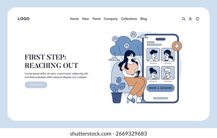 Vektorgrafik, die eine Frau zeigt, die ein Smartphone benutzt, um eine Online-Therapiesitzung zu buchen. Der Hintergrund zeigt die Website-Oberfläche und eine Gruppe von betroffenen Gesichtern.