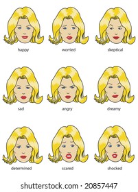 vector illustration depicting a woman's different facial expressions. heads are on different layer. eyes are contained in clipping mask. text is illustrative purpose only.