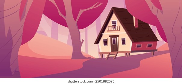Vector illustration depicting a wooden house located among a picturesque forest autumn landscape with a pink sunset. Cozy forest house on stilts in a flat cartoon style.